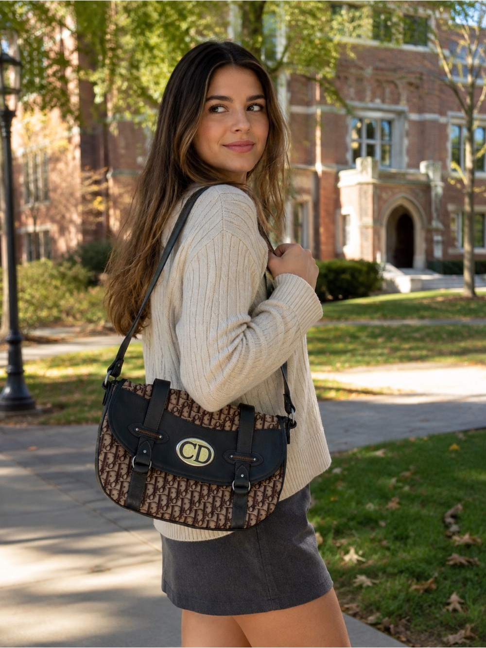Authentic VTG Christian Dior Trotter Monogram Shoulder Bag Brown Canvas Leather